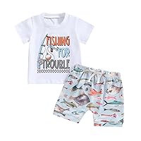 Toddler Baby Boy Fish Outfit Fishing For Trouble Short Sleeve T-Shirt Fish Print Shorts Set 2Pcs Infant Summer Clothes