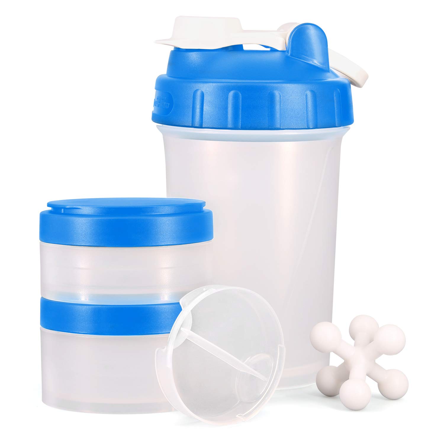 Hydro2Go 16 OZ Protein Workout Shaker Bottle with Mixer Ball and 2 close-connected Storage Jars for Pills, Snacks, Coffee, Tea. 100% BPA-Free, Non Toxic and Leak Proof Sports Bottle