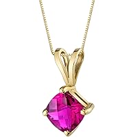 PEORA Solid 14K Yellow Gold Created Red Ruby Pendant for Women, Classic Solitaire, Cushion Cut, 6mm, 1 Carat total