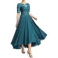 Chiffon Mother of The Bride Dresses for Wedding Tea Length Lace Appliques Formal Evening Dress with Sleeves M105
