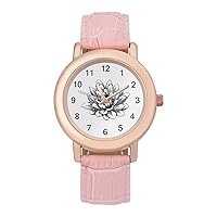 Lotus Flower Womens Watch Round Printed Dial Pink Leather Band Fashion Wrist Watches