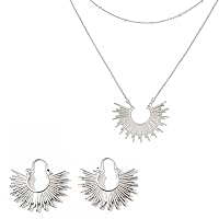 Silver Fan Hoop Earrings and 2pc Fan Necklace Set - Sunburst Silver Plated Boho Celestial Jewelry for Women