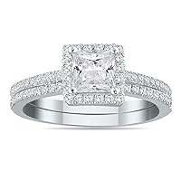 AGS Certified 1 1/10 Carat TW Halo Princess Cut Diamond Bridal Set in 14K White Gold