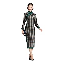 Qipao Autumn and Winter Women Wool Blend Stripe Grid Lace Decorate Cheongsam Traditional Dress