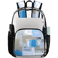 Abstract Art Turquoise Grey Clear Backpack Heavy Duty Transparent Bookbag for Women Men See Through PVC Backpack for Security, Work, Sports, Stadium