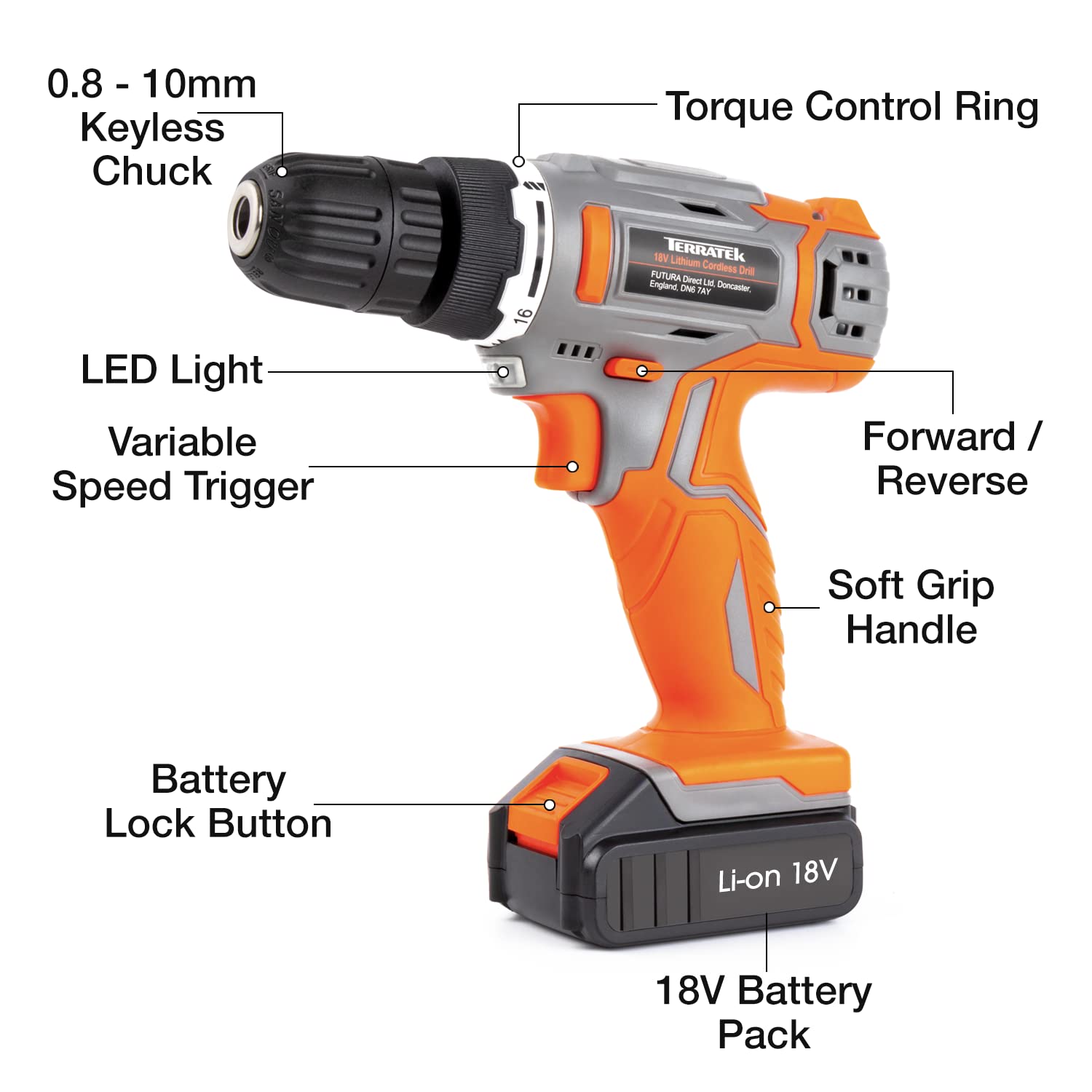 Terratek 13Pc Cordless Drill Driver 18V/20V-Max Lithium-Ion, Electric Screwdriver, Accessory Kit, LED Work Light, Quick Change Battery & Charger Included