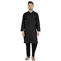Indian Mens 2 Piece Kurta Pajama Set Henley Neck Casual Long Kurta