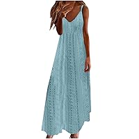 Women's Summer Eyelet Maxi Dress 2024 Sleeveless Spaghetti Strap V Neck Boho Dress Casual Flowy A-Line Beach Dresses