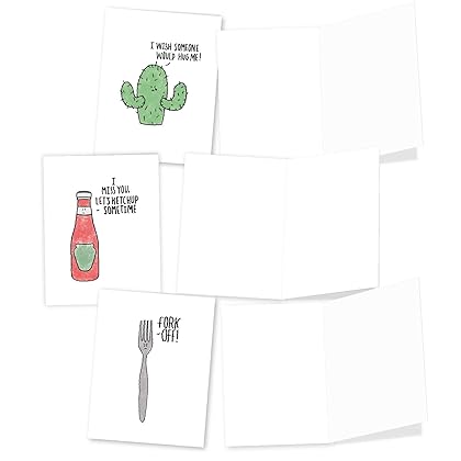 The Best Card Company - 10 Funny Assorted Blank Humor All Occasions Notecards Boxed Set 4 x 5.12 Inch w/ Envelopes Cute Word Play for Men, Women (10 Designs, 1 Each) - Fun Puns M2975OCB