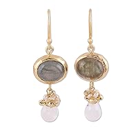 NOVICA Handmade .925 Sterling Silver 22k Gold Plated Multigemstone Dangle Earrings from India Labradorite Quartz Cultured Freshwater Pearl Grey White Birthstone [1.8 in L x 0.5 in W x 0.3 in D]