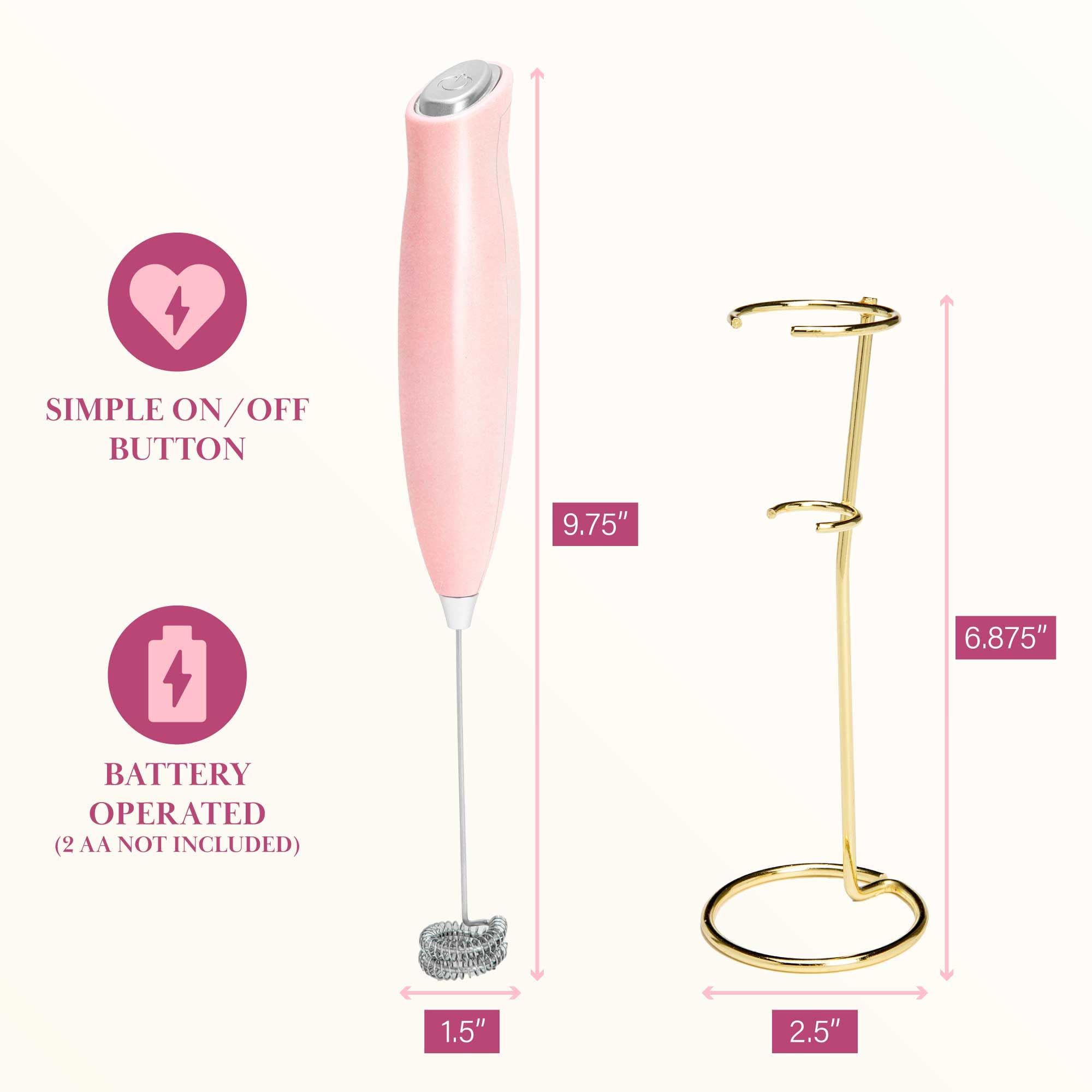 Paris Hilton Electric Handheld Milk Frother with Double Coil Head Whisk and Gold Metal Stand, Battery Powered (2 AA Batteries Required but Not Included), Pink Sparkle Finish