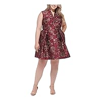 Vince Camuto Womens Burgundy Zippered Pocketed Ruffled Pleated Lined Floral Sleeveless Split Above The Knee Fit + Flare Dress Plus 14W