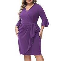 Hanna Nikole Women's Plus Size V Neck Casual Dresses Business Slim Style Ruffle Work Pencil Dress Purple 20W