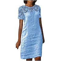 Women Cotton Linen Lace Floral Dressy Tunic T-Shirt Dress Summer Short Sleeve Crewneck Casual Solid Knee Swing Dress