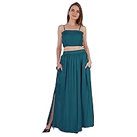 Bimba Summer Partywear Sexy Dress 2 Pieces for Women Smocked Crop Top & Long Skirt Set W/Pockets