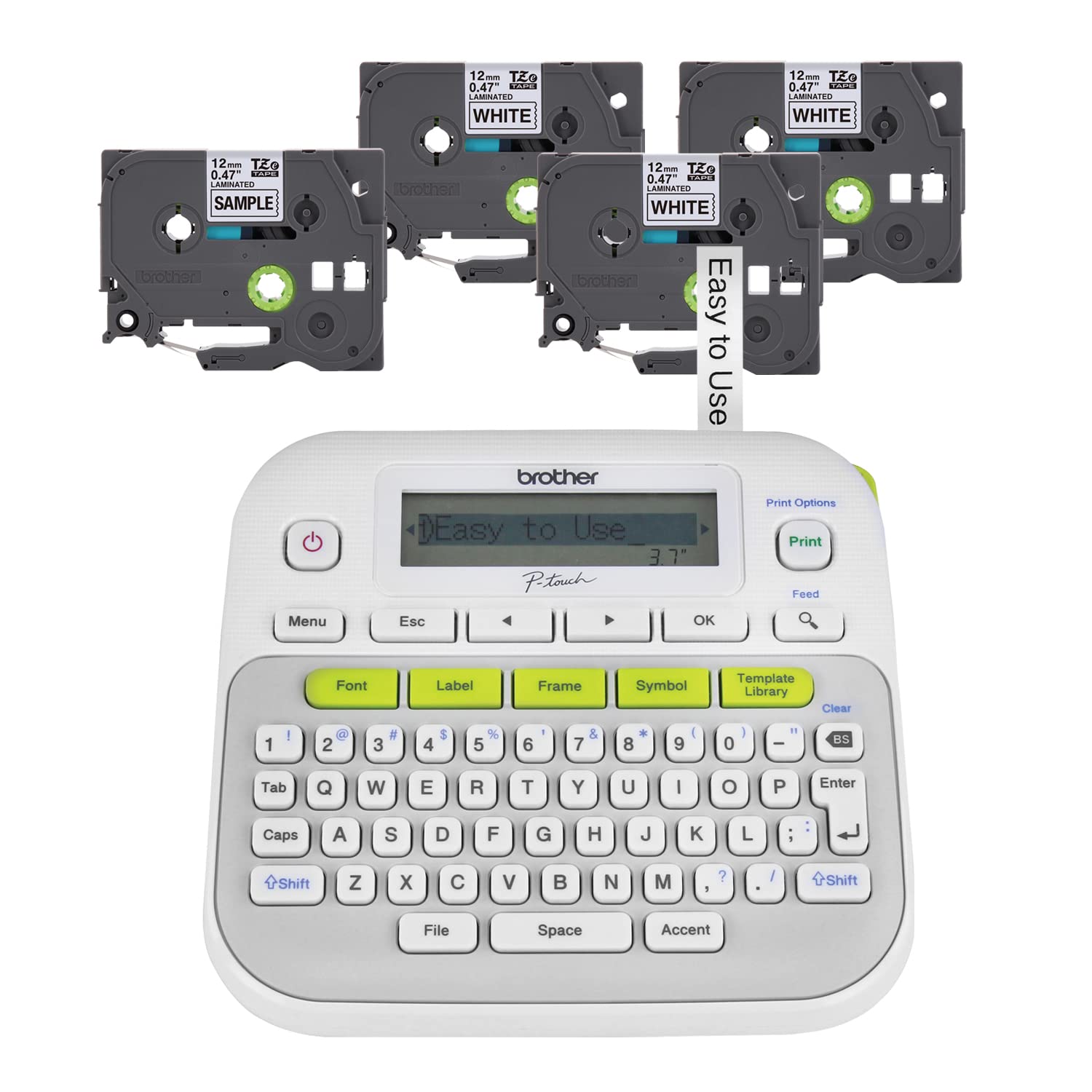Brother P-Touch, PTD210, Easy-to-Use Label Maker Bundle (4 Label Tapes Included), White, Small
