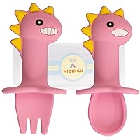 Toddler Led Weaning Spoon and Fork Sets,NICINGU Baby Self Feeding Silicone Stainless Steel Utensils Sets for Stage 1 Ages 6 Months(Pink Dinosaurs Short)