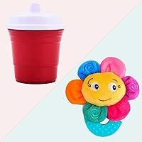 Flower Baby Teether & Red Cup Living Baby Sippy Cup 8oz, Safe and Soothing Teether & Adorably Cute Sipper for Teething Infants, Babies, Toddlers & Kids- Perfect Gifting Combo