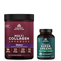 Ancient Nutrition Multi Collagen Advanced Powder Cleanse & Detox, Unflavored, 36 Servings + Organic Super Greens Tablet 90 Count