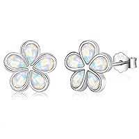 Sterling Silver Flower Opal Stud Earrings for Women Girls, Small Hypoallergenic 925 Silver White/Blue/Pink Opal Stud Earrings Jewelry Gifts 10mm