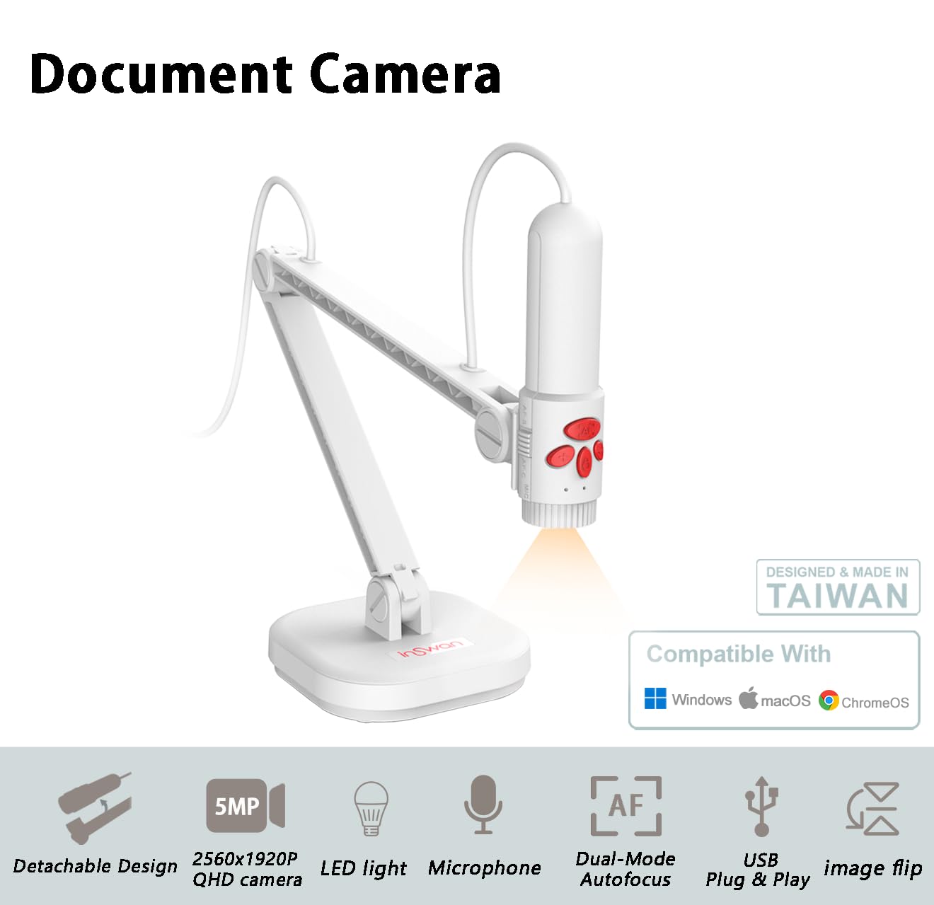 INSWAN INS-3 Detachable USB Document Camera for Teachers, built-in Mic, Light, Dual-Mode Autofocus, Windows, MacOS,Chromebook Compatible for Remote Teaching, Distance Learning, Webcam Web Conferencing