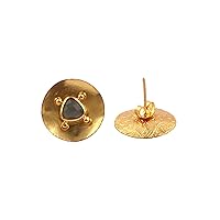 Beautiful Opalite Gemstone Brass Stud Earrings Lightweight Half Bezel Setting Gold Plated Push Back Jewelry.