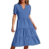 MEROKEETY Women's 2024 Summer Short Puff Sleeve Midi Dress V Neck High Waist Tiered Casual A Line Dress