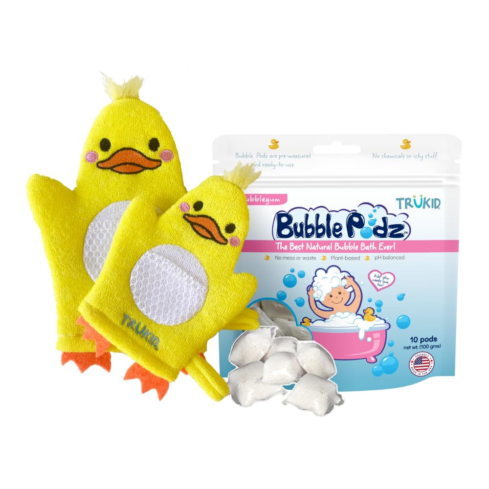 TruKid Bubble Podz & BubbleGlove Bundle - Includes 2-Set of Bath Wash Gloves for Parent & Child, Bubble Bath Pods Bubble Gum 10ct, Baby Bath Essentials, Gentle for Sensitive Skin of Kids, Toddlers