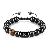 FRG Initials Bracelets for Men Letter Link Handmade Natural Black Onyx Tiger Eye Stone Beads Braided Rope Meaningful Bracelet