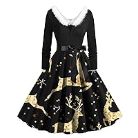 Women's Christmas DressesV-Neck High Weighted Swing Midi Dress Long Sleeve Xmas Print Vintage A-line CocktailDresses