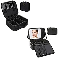 Relavel Travel Makeup Bag & Medium Makeup Bag with LED Mirror, Cosmetic Bags Train Case Portable Organizer, Adjustable Dividers, Makeup Brush Section