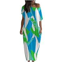 Women's Short Sleeve Maxi Dress Crewneck Loose Colorblock Casual Vintage Boho Summer Beach Long Dresses with Pockets