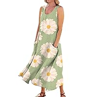 Women's Linen Clothes Summer Dresses for Women 2024 Print Elegant Casual Loose Fit Trendy with Sleeveless U Neck Maxi Flowy Dress Mint Green XX-Large