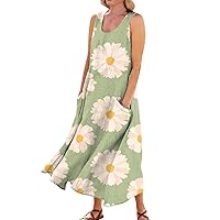 Womens Plus Size Summer Dresses Boho Casual Floral Print Linen Dress Sleeveless Pocket Beach Dress Sun Dress