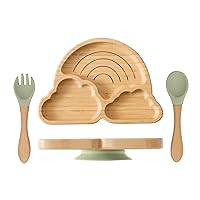 Bamboo Suction Plate for Baby Kid Toddler Plate Spoon Fork Set with Removable Silicone Suction All-Natural Baby Feeding Set for Baby-Led Weaning Fits Feeding High Chair Table
