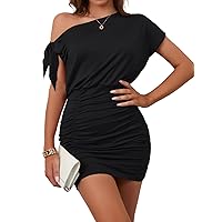 LilyCoco Women's Off The Shoulder Ruched Dresses Knot Asymmetrical Neck Mini Cocktail Dress