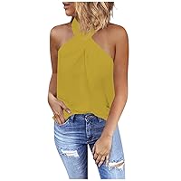 Womens Summer Tops 2023 Halter Summer Sleeveless Tshirt Tops Flowy Loose Fit Pleated Tank Top Basic Sexy Vest Cami A-Yellow