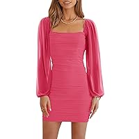 Wenrine Women's Mesh Long Sleeve Square Neck Ruched Party Club Cocktail Bodycon Mini Dress