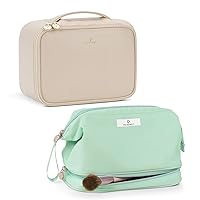 Pocmimut Travel Makeup Bag - Leather Make Up Bags Cosmetic Bags for Women, Large Makeup Organizer Bag with Brush Holder(Beige&Mint Green)