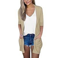 Open Front Cardigans for Women Short Sleeve Printed Tops Lightweight Casual Fall Cardigan Duster with Pockets