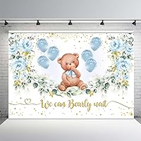 MEHOFOND 10x7ft Bear Boy Baby Shower Party Backdrop Blue Floral Photography Background Gold Glitter Dots Baby Blue Balloons We Can Bearly Wait Banner Photobooth Props