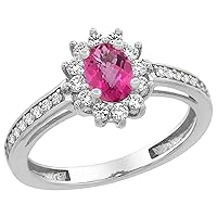 PIERA 14K White Gold Natural Pink Topaz Flower Halo Ring Oval 6x4mm Diamond Accents, sizes 5-10