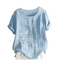 Womens Short Sleeve Tunic Tops Womens Cotton and Linen Fashionable Casual Printing Round Neck Short Sleeved