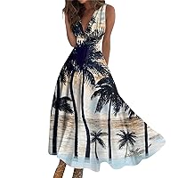 Floral Dress for Women,Women's Summer Fashion Hawaiian Print V-Neck Sleeveless Tunic Casual Dresses