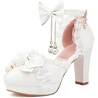 Women Kawaii Shoes Platform Chunky Heel Ankle Strap Pumps with Bow High Heel Mary Janes Lace Pumps