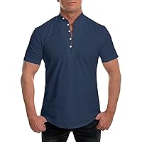 Mens Muscle Henley Shirt Big and Tall Summer Short Sleeve Band Collar Button Up Beach Hippie T-Shirts Casual Yoga Tops