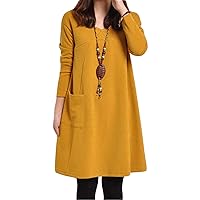 Andongnywell Loose A-line Dress with Pocket Long Sleeve Swing Dresses Casual Plain Simple Dress