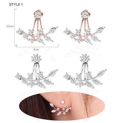 12 Pairs Fashion Silver Plated Leaf Feather Flower Crystal Ear Jacket Front and Back Stud Earrings for Women Girls