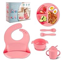 Baby Led Weaning Supplies Silicone Baby Feeding Set Silicone Bib for Babies Spoon Fork Cup Suction Bowl for Kids Pink