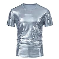 Mens Faux Leather Shirts Novelty Exotic Tops Short Sleeve Shiny Shirt for Men Cool Style Clubwear Dance Party T-Shirts